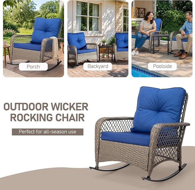 Outvita Outdoor Wicker Rocking Chair, Patio Rattan Rocker Chair w/Cushions & Steel Frame, All-Weather Rocking Lawn Wicker Furniture for Garden Backyard Porch Deck (Navy Blue)
