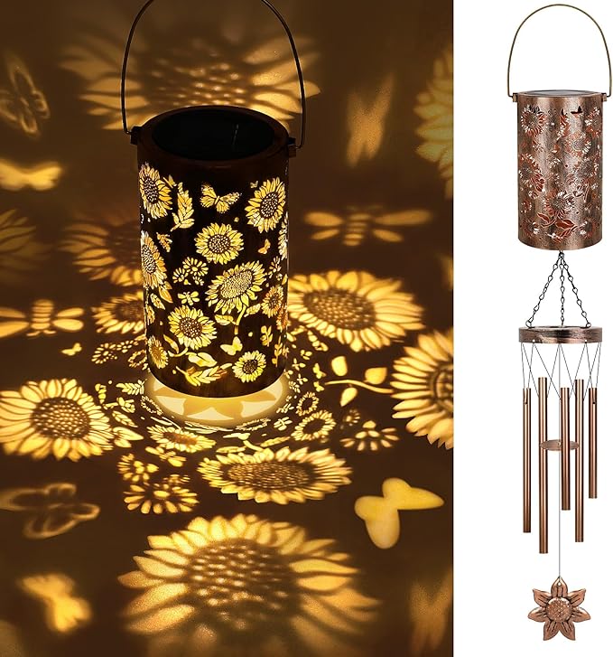 YHmall Solar Wind Chimes for Outside, 35'' Sunflower Gifts for Women Mom Grandma Windchimes Outdoors, Solar Lantern Memorial Wind Chimes Teacher Appreciation Unique for Garden Decor