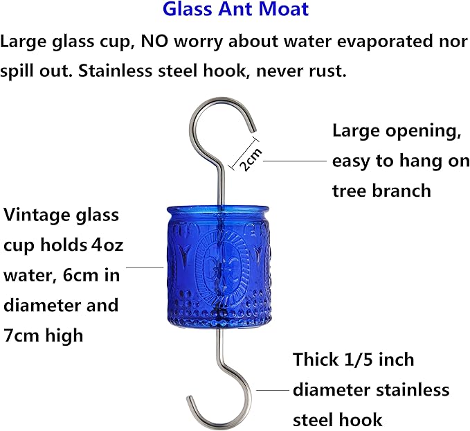 4OZ Vintage Glass Ant Moat for Hummingbird Feeder 4 OZ Large Capacity Stainless Steel Hooks (Blue)