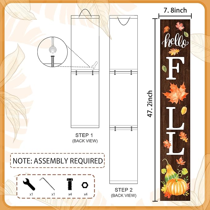 Hello Fall Welcome Sign for Front Porch Standing, Wooden Porch Sign with Leaves for Front Door Decorations, Rustic Farmhouse Hanging Wall Sign for Harvest Thanksgiving Decor 47.2"H