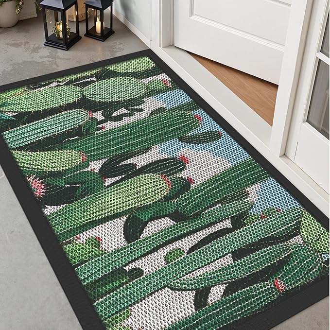 LUMI Outside Door Mat 32x47, Non Slip Rubber Backing Doormat, Low Profile Easy Clean Entrance Mats for Front Back Door Entryway Porch Garage, Cactus