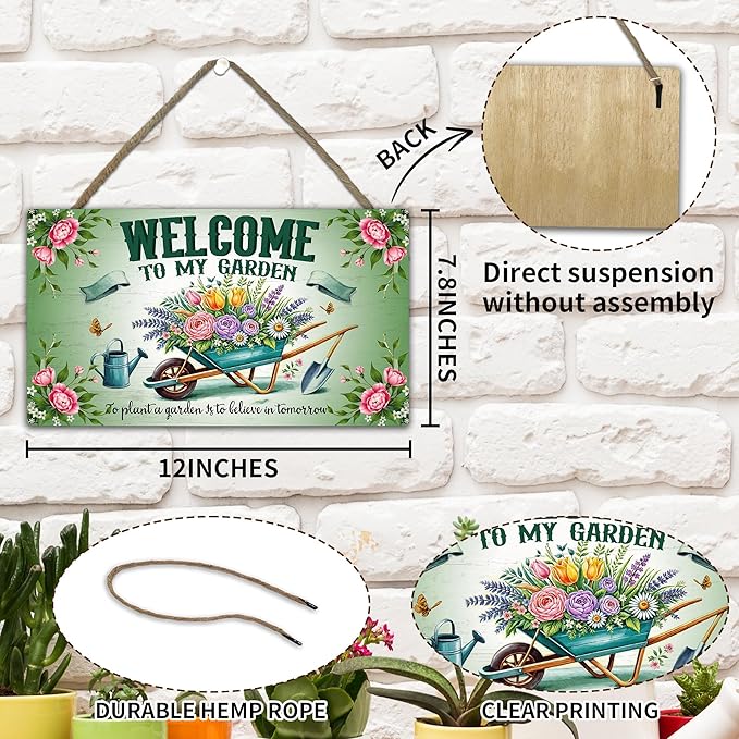 Welcome To My Garden Sign - Green Wooden Hanging Spring Decor for Country Rustic Garage Home Farmhouse Wall Fence Decor Garden Gift for Mothers, Grandmas, and Plant Lovers -A01