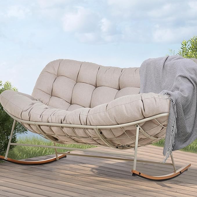 Grand patio Rocking Chair Outdoor, Oversized Rocking Chair for 2 with E-Coated Steel Frame and Thick Cushion, Comfy Papasan Loveseat Rocker for Patio Porch Deck