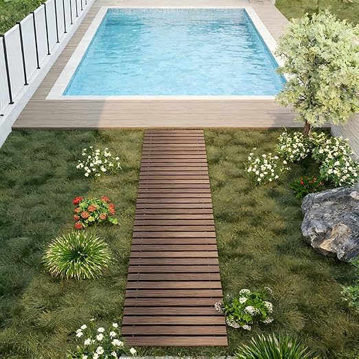 8FT Straight Wooden Garden Pathway Walkway Outdoor Roll Out Decorative Garden Non-Slip Patio Path Decorative Boardwalk Outdoor Road Floor for Backyard Beach Wedding Party