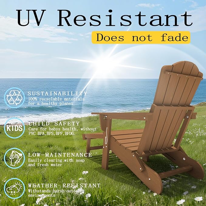 Folding Adjustable Adirondack Chairs with Ottoman & 1 Cup Holders Set of 2, HDEP Multifunctional Adirondack Chair with Footrest,Wood