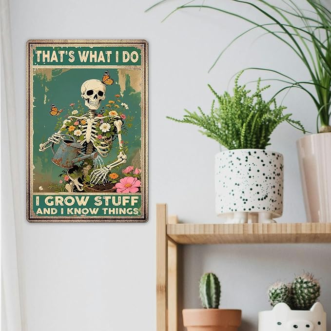 Retro Skull Garden Metal Signs Vintage Skull Poster Gardening Sign - That's What I Do I Grow Stuff and I Know Things Sign, Wildflower & Butterfly Wall Decor for Home Kitchen Farm Garden Gift 8x12inch
