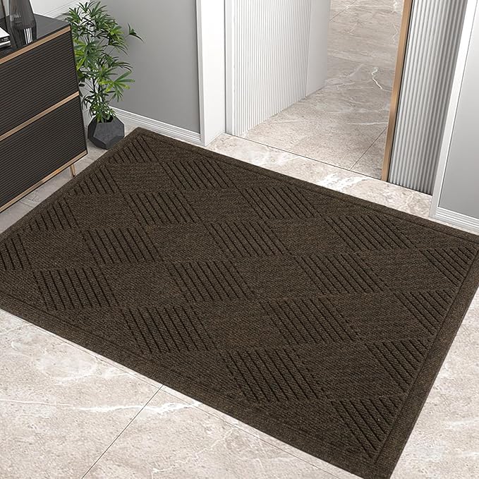 Sturdy Front Door Mat, Absorbent Muddy Dirt Resist Welcome Door Mats Outdoor Indoor, Stain and Fade Resistant, Non-Slip Rubber Backing Low Profile Doormat for Entryway, 47×32, Brown