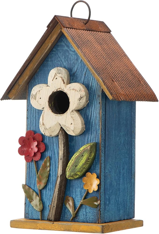 Glitzhome Hanging Bird House for Outdoor, 10.2" H Patio Garden Decorative Birdhouse Pet Cottage Distressed Wooden Bird House for Swallow Sparrow Finch Cardinals, Flower Rustic Blue