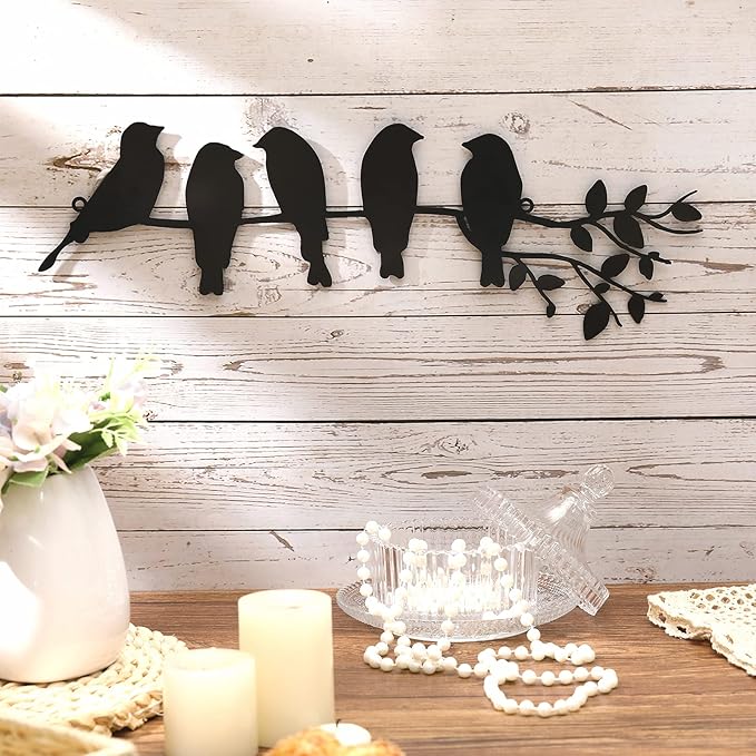 Ferraycle Metal Bird Wall Art - Birds on Branch with Leaves - Metal Sculpture Wall Hanging Sign for Balcony, Garden, Home Decor(Black)