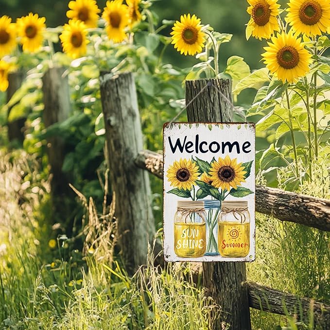 Summer Welcome Sign Wall Art Decor Welcome Floral Ornaments Iron Plaque Sign for Club Bar Garage Wall Decor 8x12inch