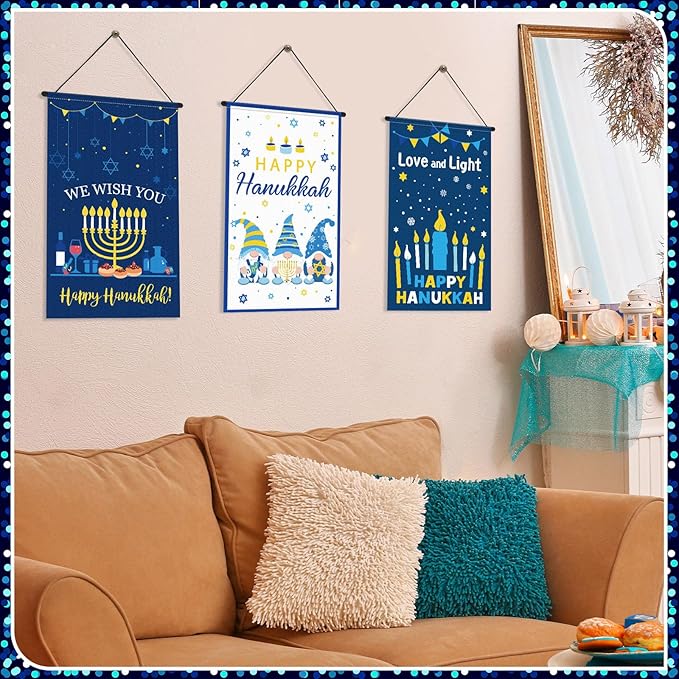 Tegeme 3 Pcs Hanukkah Door Sign Flag Chanukah Blue White Door Hanging Banner Menorah Star of David Menorah Wall Decoration for Hanukkah Party Supplies Outdoor Indoor Decoration