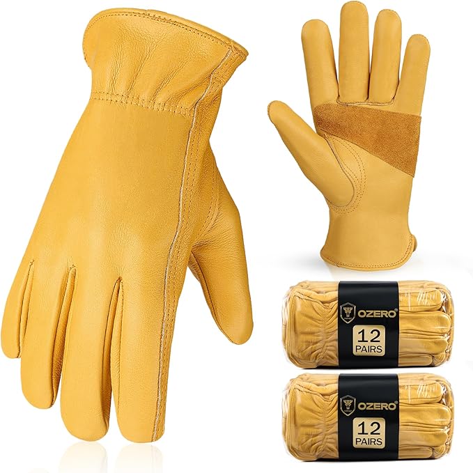 OZERO Gardening Work Gloves Men,24 Pairs Insulated Heavy Duty Cut Resistant Thorn Proof Leather Cowhide Mens Women Mechanic Garden Gloves for Driving Welding-Large