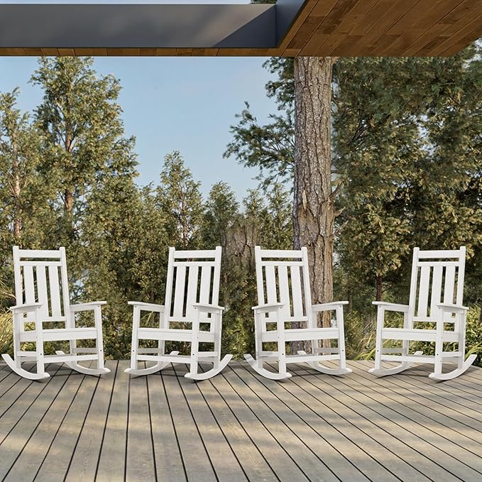 KINGYES Outdoor Rocking Chair Set of 4, All-Weather Patio Rocking Chairs for Porch, HDPE Rocking Outdoor Chairs with High Back for Adult, Heavy Duty Outdoor Patio Rockers for Garden, Lawn, White