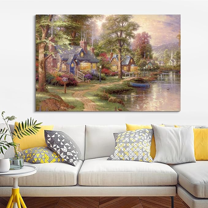 STUDIO HAVEN Thomas Kinkade Canvas Wall Art, River Cottage Stone Homes Wooden Bridge Boat and Ducks Flower-Lined Path Oil Painting Poster Rustic Wall Decor, Framed Prints for Home Decor, 28x20Inch