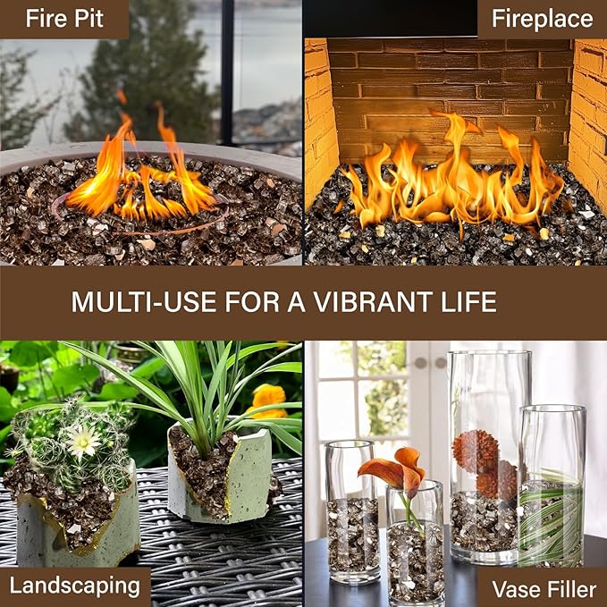 NUPICK 5 Pound Fire Glass, 1/4 Inch Reflective Fire Pit Glass, Tempered Firepit Glass Rock for Propane or Natural Gas, Glass Rocks for Fire Pit Table, Fireplace Glass for Landscaping, Bronze
