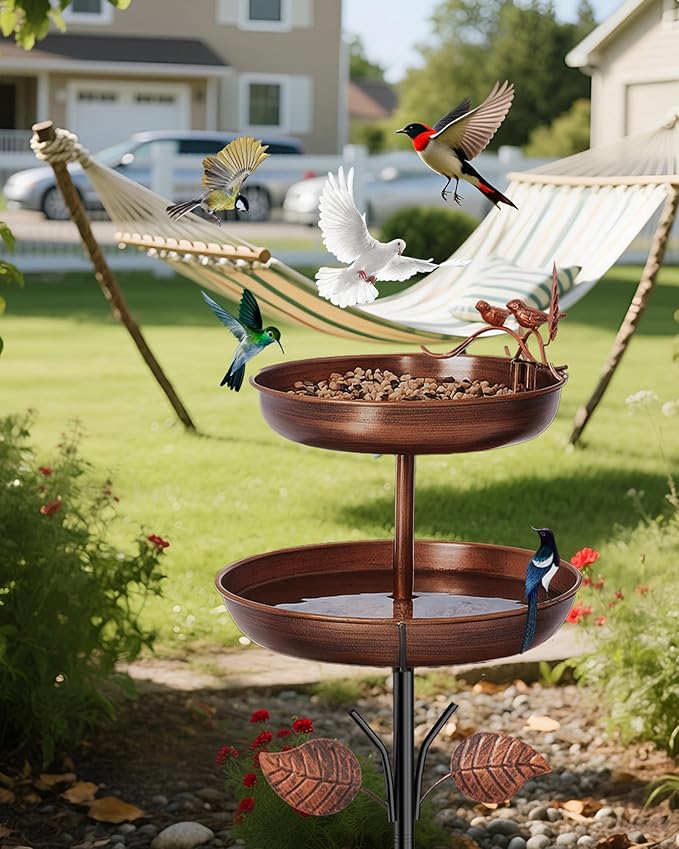 Bird Bath for Outside, Double 46In Metal Birdbaths for Outdoors,Bird Bath Feeder Bowls for Garden Patio Yard Decor, Upgraded 5-Pronged Metal Stake