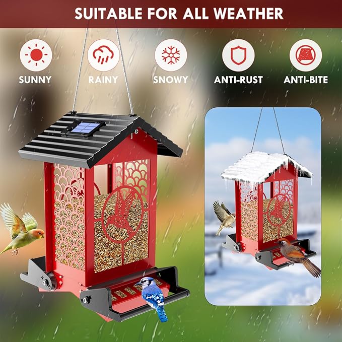 Squirrel Proof Bird Feeder for Outdoors Hanging with Solar Light, 5LB Capacity Metal Feeders, Bilateral Weight Activated Perches, Four Sided Hollow, Ideal for Bird Lovers