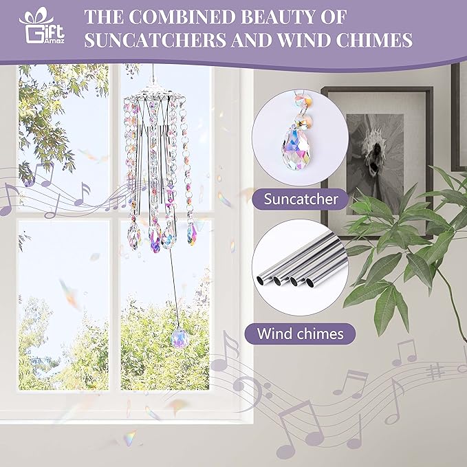 Crystal Suncatcher Wind Chimes with 4 Tuned Tubes, Hanging Prism Rainbow Maker Chandelier Crystal Pendant Wind Chime Window Hanging Ornament Gift for Women Friends Home Garden Decor Birthday