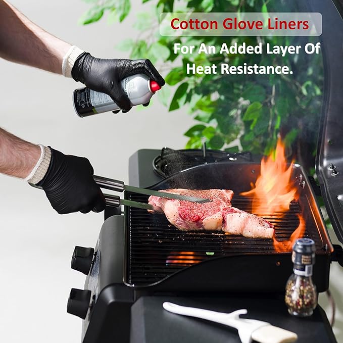 BBQ Gloves 2 Cotton Glove Liners and 50 Disposable Nitrile for Cooking Baking Grilling Washable Cotton Liners Powder Latex Free Nitrile Gloves