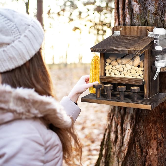 Squirrel Feeders for Outside, Wooden Squirrel Feeder Squirrel Houses for Outdoors Squirrel Picnic Table Feeder with Water Feeder for Peanuts Nuts Corn Cobs Holder