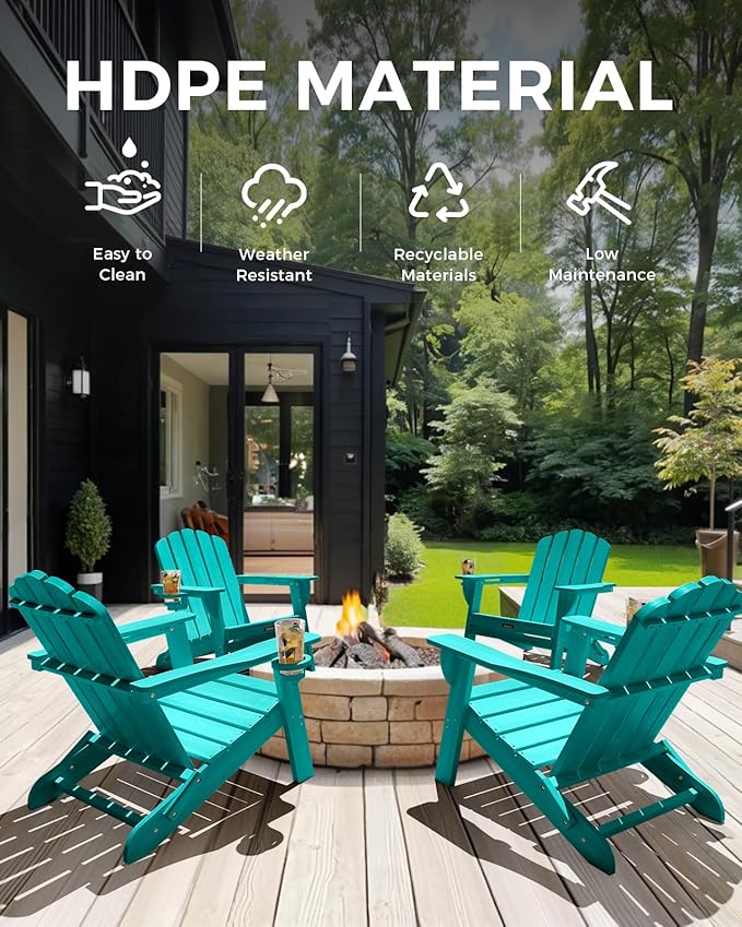 Folding Adirondack Chair, HDPE Adirondack Chair with 2 Cup Holders, Pre-Assembled Outdoor Fire Pit Chairs for Patio, Garden, Poolside, Lakeblue