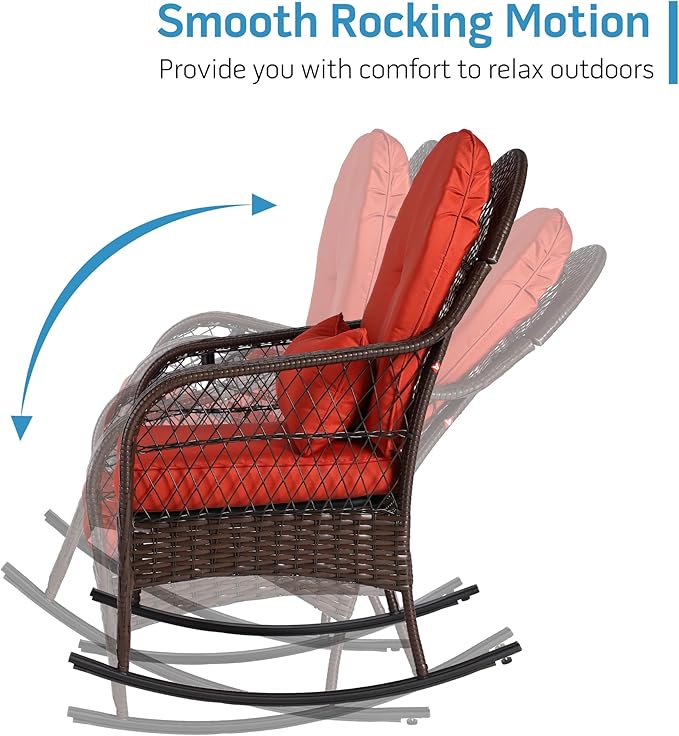 Outdoor Wicker Rocking Chair, All Weather PE Rattan Rocker with Cushion & Pillow, Outdoor Rocking Furniture for Garden, Porch, Backyard, Poolside (Brown Rattan+ Orange Cushion)