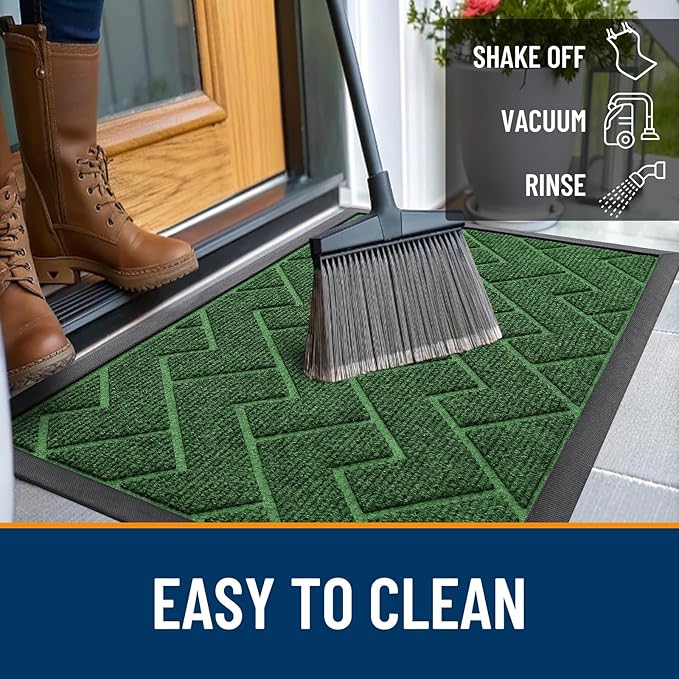 OLANLY Front Door Mat Indoor Outdoor Entrance, Waterproof All-Season, All-Weather Doormat, Sturdy Natural Rubber, Low Profile, Easy Clean Patio Porch Entryway Mat, Herringbone Brick (Green, 47x32)