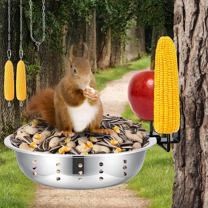 Metal Squirrel Feeders for Outside with Hanging Feeder (2-Rod), Squirrel House for Outdoor, Bowl Tree Mounted of Chipmunk Feeder, Food for Backyard Squirrels Hold Corn, Corn Cob, Peanuts (7.8Inch)