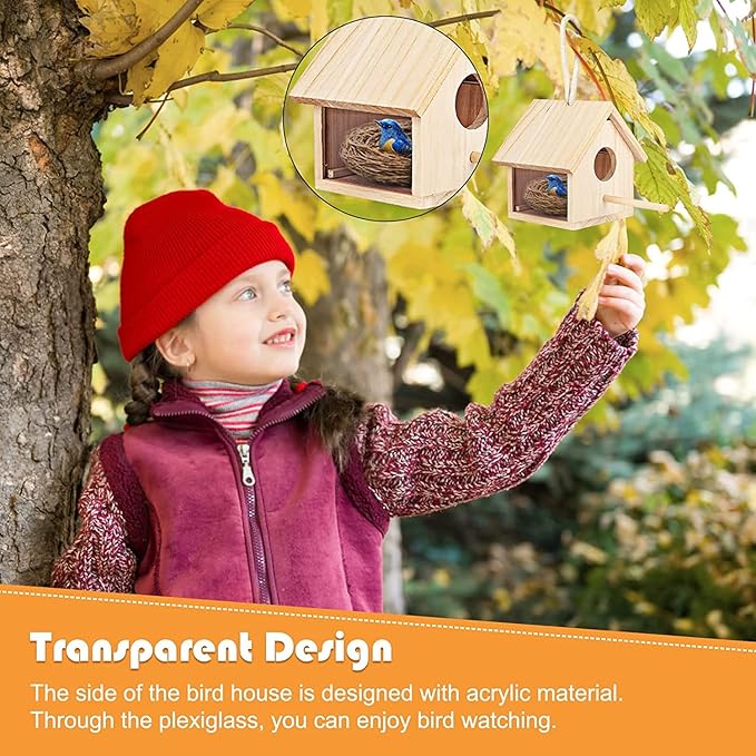 YUEPET 2Pcs Outdoor Bird Houses Transparent Wooden Bird House for Outside with Lanyard and Screws,Hanging Birdhouse Clearance for Finch Bluebird Cardinals Hummingbird