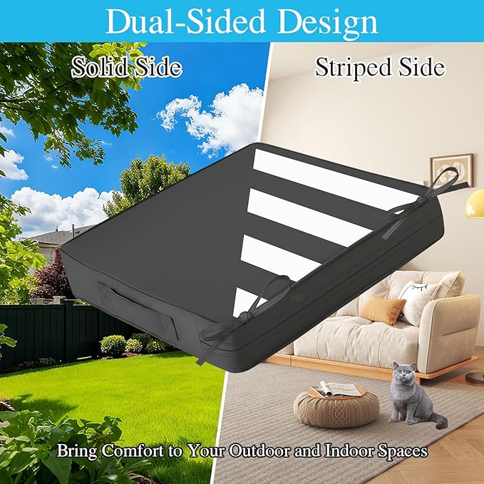Amagenix Outdoor Chair Cushions Set of 2, 24"x24"x4" Waterproof Outdoor Seat Cushions for Patio Furniture, Stripe Reversible Patio Cushions with Ties & Handle & Hidden Zipper, Fade-Resistant,Dark Grey