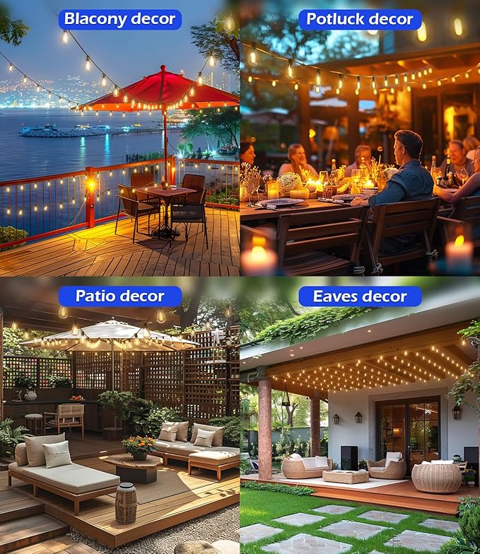 Luckystyle 200FT LED Outdoor String Lights With 60+2 Edison Shatterproof Waterproof Bulbs, 2700K Commercial Grade Patio Lights, Heavy Duty Outside Hanging for Garden Porch Deck Decor