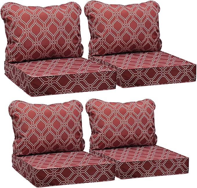 AAAAAcessories Outdoor Seat Cushions for Chairs, Fade-Resistant, Waterproof Patio Furniture Replacement Cushions, 25.5" x 25.5" x 5" + 25.5" x 19", Set of 4, Clay Red Vine Trellis