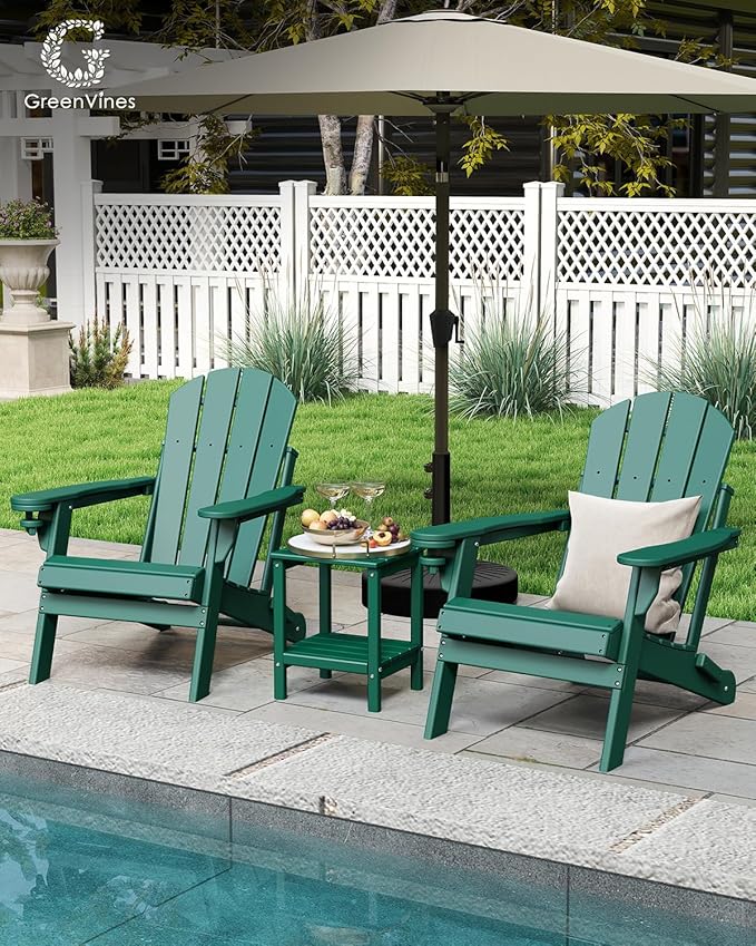 GREENVINES Folding-Adirondack-Chairs-Set-of-4 | HDPE Plastic | Fire Pit Chair | All Weather | Cup Holder | Forest | for Deck Backyard Patio Outdoor Garden