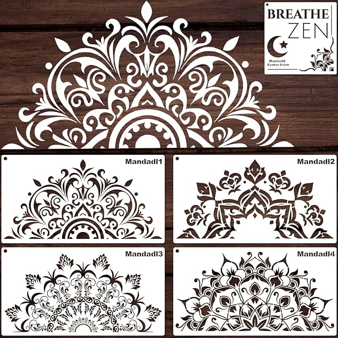 YKW 5 Pack Mandala Stencils for Painting, Large Half Mandala & Breathe Zen Templates - Reusable PET Stencils for Wall, Wood, Fabric & Rock - DIY Craft Stencil for Home Decor Art
