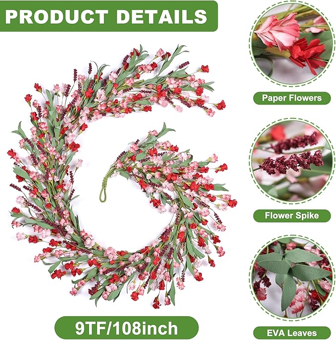 Artgar Flower Garland 9Ft Spring/Summer Garland Floral Garlands for Mantle All Year Round Paper Garlands Decor for Indoor Outdoor Home Wedding Arch Porch Stair Backdrop Year Round Decor (Red Pink)