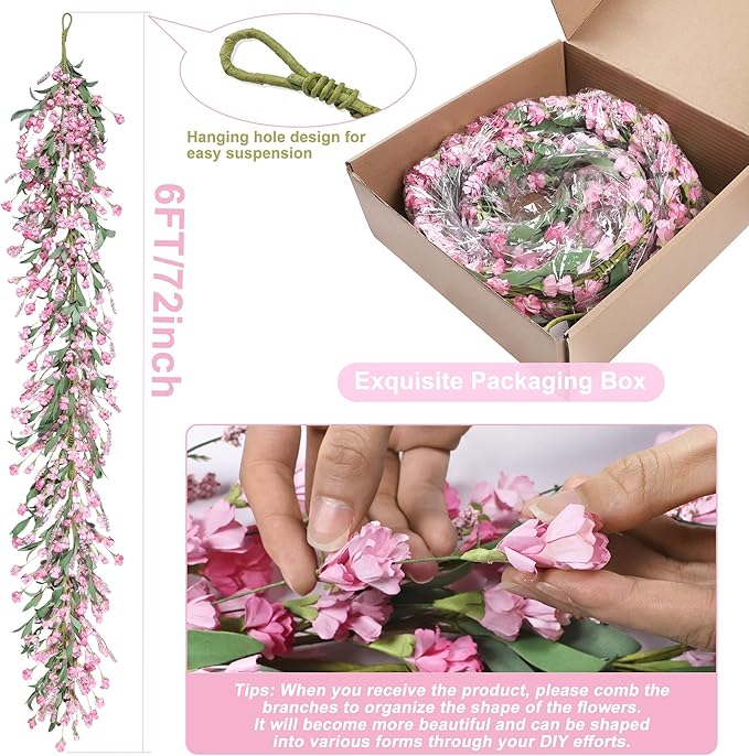 Artgar Flower Garland 6Ft Spring/Summer Garland Floral Garlands for Mantle All Year Round Paper Garlands Decor for Indoor Outdoor Home Wedding Arch Porch Stair Backdrop Year Round Decor (Pink)