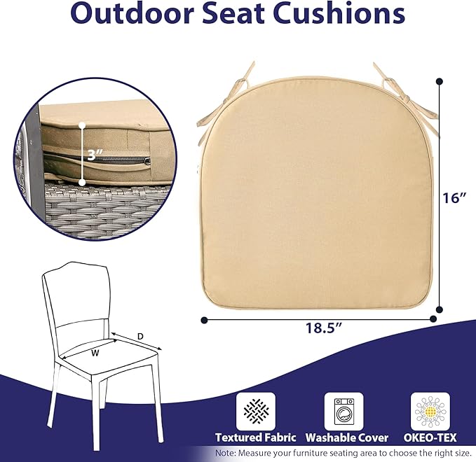 Outdoor Chair Cushions Set of 4 -Waterproof Outdoor Seat Cushions for Patio Furniture, Patio Chair Cushion with Handle and Ties, Round Out Door Chair Pads,18.5" x 16" x 3", Beige
