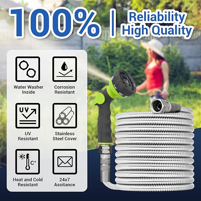 75 FT Stainless Steel Garden Hose – Heavy Duty 304 Metal Hose, 500+ PSI Burst Strength, No-Kink, Dog Bite & Puncture Resistant, Swivel-End Fittings, 8-Mode Nozzle for Large Gardens, Outdoor Use