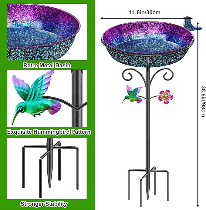 Metal Bird Bath for Outside, Freestanding Garden Bird Baths Bowl, Vintage Birdbath for Outdoors Yard Garden Lawn Decor Decor (Gradient Purple)