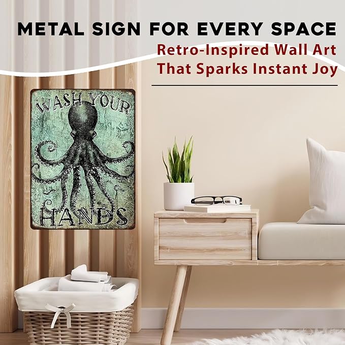 Funny Octopus Metal Tin Sign Wash Your Hands Vintage Tin Signs Bathroom Signs Restroom Decor Guest Wall Decor 12x16inch