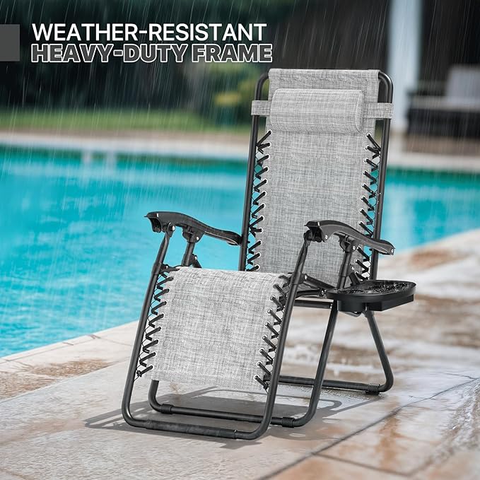 Magshion Zero Gravity Lounge Chairs Set of 2, Outdoor Patio Reclining Chair with Side Tray, Adjustable Anti-Gravity Recliners with Pillow Headrest, Folding Lounger for Lawn Camping Beach, Dark Grey