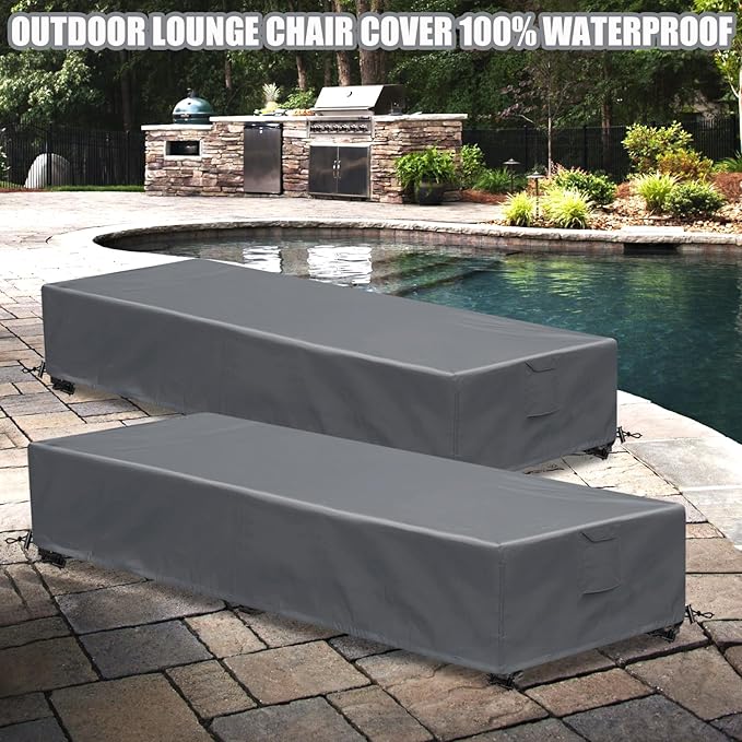 Waterproof Patio Lounge Chair Cover 2 Pack Outdoor Chaise Lounge Covers 600D Weather Resistant Material, UV Protection, Windproof Design Outside Furniture Covers 80" x 28" x 14" H,Grey