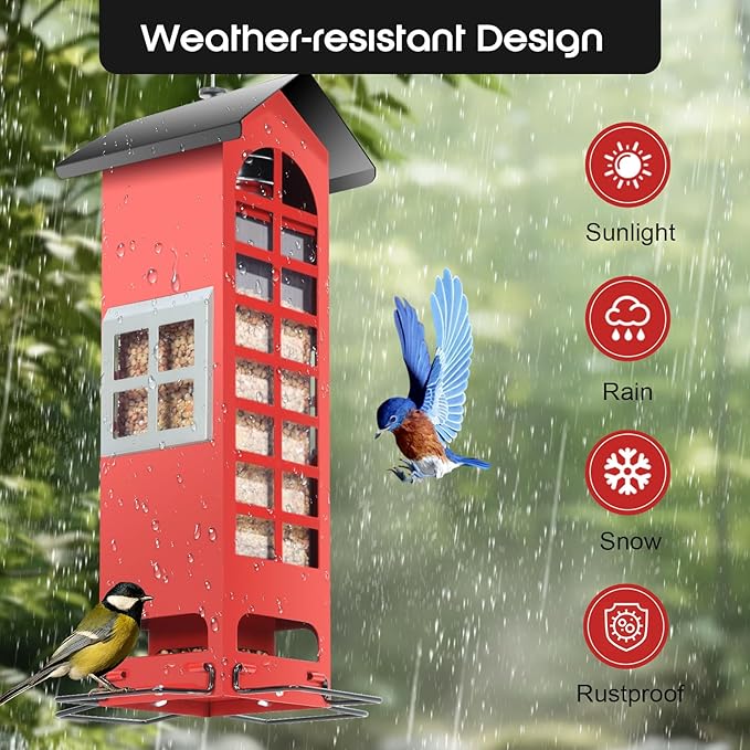 Bird Feeders Squirrel Proof for Outdoor Hanging, Weight Activated Metal Wild Bird Feeders, Spring Cardinal Tube Birdhouse Finch Seed Feeder with 4 Feeding Ports, 2.5LB Capacity
