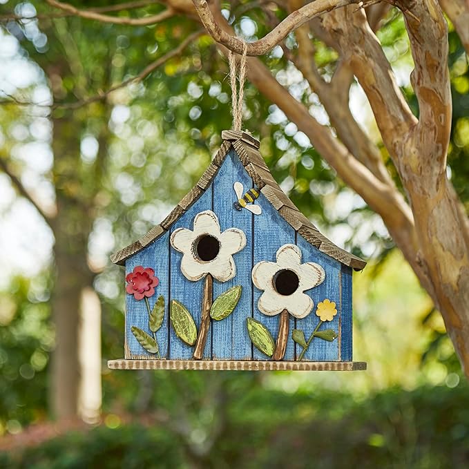 Glitzhome Hanging Birdhouses for Outdoors, 10.75" L Distressed Solid Wood Birdhouse Bird Nesting Box with 3D Flowers Rustic Hand-Painted Bird Houses for Outside