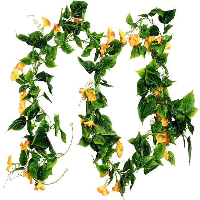 AirSun Artificial Morning Glory Flower Vines, 2pcs 15Feet Hanging Plants Silk Garland Fake Green Plant Home Garden Wall Fence Indoor Outdoor Wedding Birthday Decor