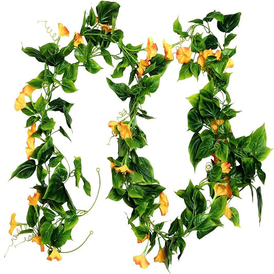 AirSun Artificial Morning Glory Flower Vines, 2pcs 15Feet Hanging Plants Silk Garland Fake Green Plant Home Garden Wall Fence Indoor Outdoor Wedding Birthday Decor