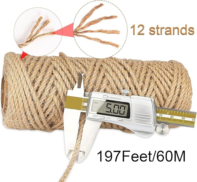 5mm 12Ply Jute Twine,197 Feet/60M Twisted Jute Rope, Garden Twine, Heavy Duty and Thick Twine Rope, Garden, Arts & Crafts, Christmas, Home Decor, Packaging Braided