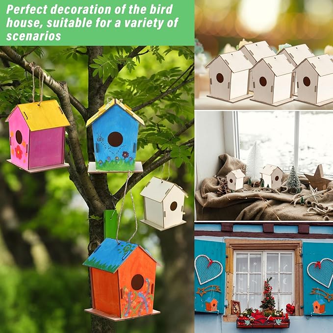 DoubleFill 120 Pcs 4.33" Wooden Bird Houses Bulk for Kids DIY Unfinished Hanging Birdhouse for Crafts Art Wood Toys boy Girl Class Activity Creative Project Parties Design Valentines Crafts