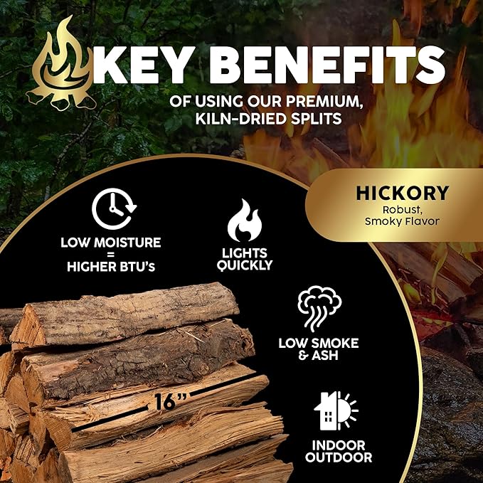Kiln-Dried PA Hickory – 16” Splits (Approx. 38 lb) – Long Burn, Smoking Wood for Cooking, Grills & Fire Pits – Easy Light, Low Smoke, USA-Sourced