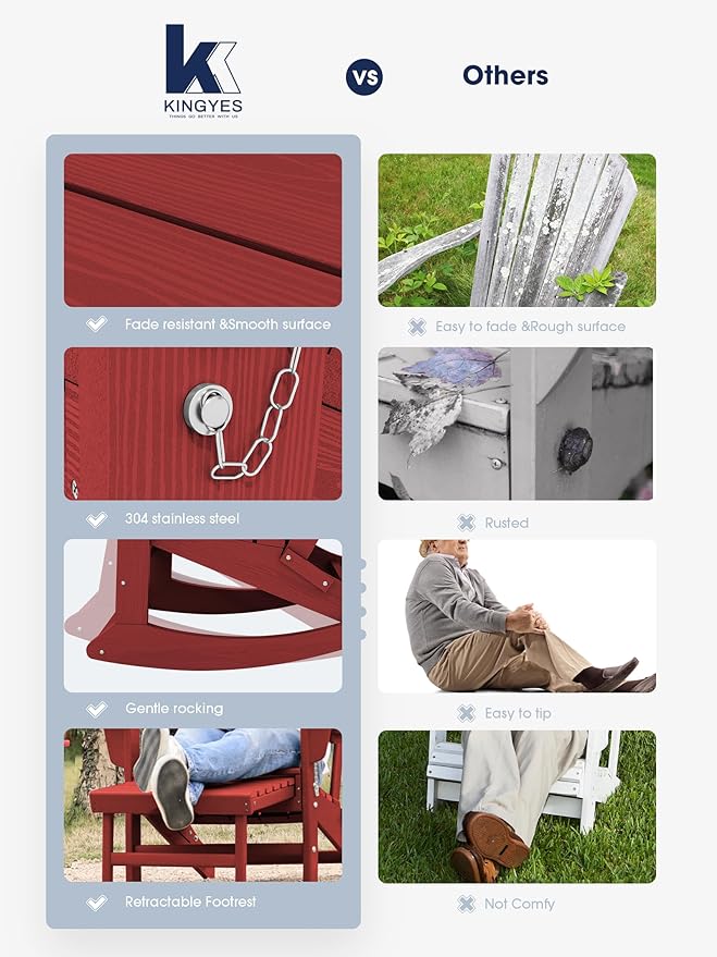 KINGYES Adirondack Rocking Chair Set of 4 with Retractable Ottoman and Cup Holders, HDPE Adirondack Rocker Patio Rocking Chair for Porch, Patio, Balcony, Burgundy Red